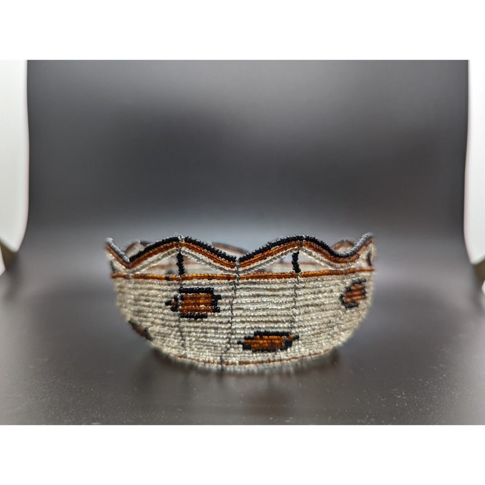 Vtg 4.5" Handmade Silver Metal Wire & Glass Beaded Boho Basket SW Geometric